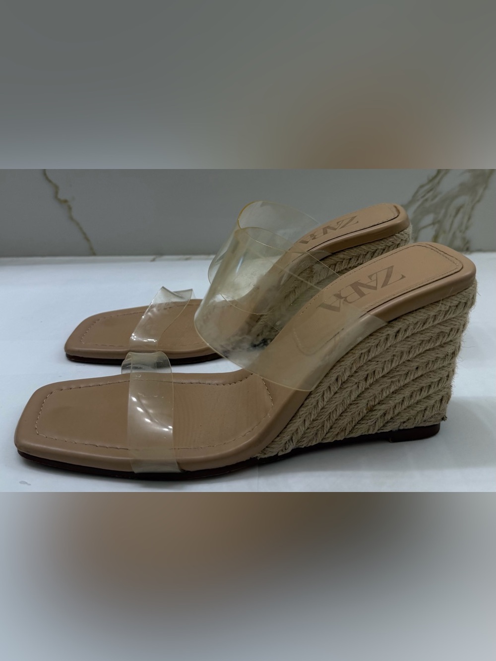 Zara Vinyl Strap Nude Wedge Sandals